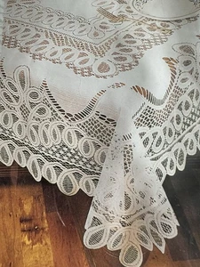 Vtg Battenburg Hand Scalloped Lace Tablecloth Beige New In Package 70” Round - Picture 1 of 9