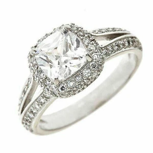 Anello di fidanzamento donna oro bianco 14 carati 2,80 ct bianco taglio cuscino moissanite aureola - Foto 1 di 5