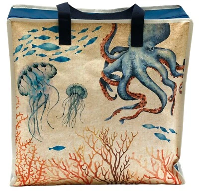 Large Re-Usable Shopping Shopper Grocery Food Storage Tote Bag With Zip Sea Life - Image 1 of 2