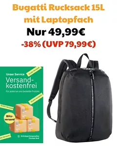 Bugatti Rucksack 15L Reissverschlussfach gepolstertes Laptopfach bis 15 Zoll - Bild 1 von 1
