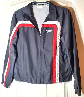 Chaqueta cortavientos Speedo de colección juvenil talla L negra y roja cremallera calentamiento chaqueta de natación Foto 1 de 4