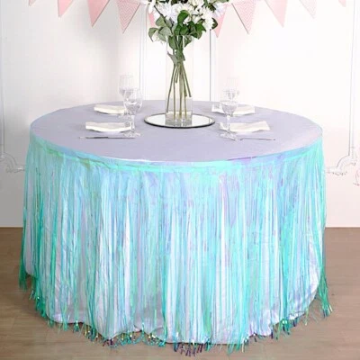 CRAFTSNFAVORS 29" x 9 feet IRIDESCENT BLUE Metallic Foil Fringe Table Skirt Wedding Decoration
