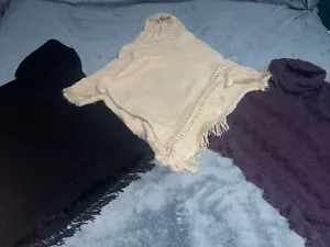 3 Womens Knit Warm Cardigan Poncho Hooded Black Tassels Tan Maroon Size One Size - Picture 1 of 9