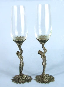 Flautas de champán de cristal de fundición de arte panadero en peltre adonis, tallos de venus 1985 - Imagen 1 de 10