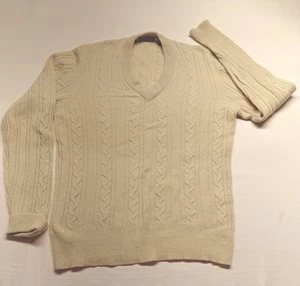 Vintage Damon Lambswool Cableknit Sweater Pullover L Grandpa Light Cream V-neck - Picture 1 of 14