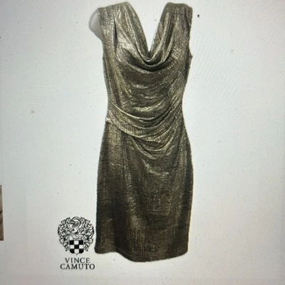 Vestido de cóctel Vince Camuto dorado y negro brillante elástico cuello capucha talla 6 Foto 1 de 4