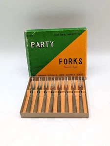 Vintage MCM Set 8 Mini Party Gabeln Hors doeuvres in Box Edelstahl Holz Japan - Bild 1 von 6
