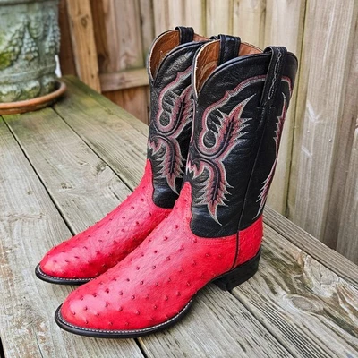 Винтажные ковбойские сапоги Tony Lama Exotic Ostrich красный черный размер 10 B сделано в США - Изображение 1 из 4