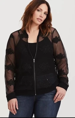 TORRID Sz 2 Black Sheer Embroidered Mesh Zip Up Front Bomber Jacket 18 /20 2X - Image 1 of 4