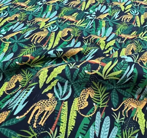 Cotton Fabric - Jungle Cats Leopards & Tropical Leaf on Black - Craft Fabric - Picture 1 of 5