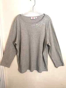 Quacker Factory Womens Sweater 1X Plus Gray Rhinestone Blouse Top Long Sleeve - Picture 1 of 4