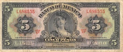 Банкнота Мексики номиналом 5 песо серии 8.9.1954 с префиксом EP L бывшая в обращении TX4 - Изображение 1 из 2