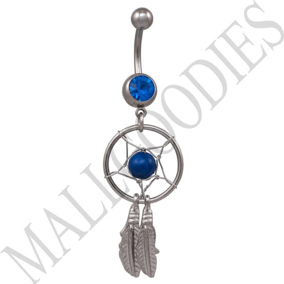 B106 蓝色捕梦网捕梦者肚脐环羽毛珠手术 — 第 1/1 张图片