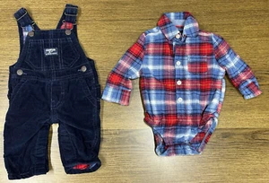 3M OshKosh B'gosh Blue Cordoroy Plaid Lined Overalls Outfit Long Sleeve Shirt - Picture 1 of 9
