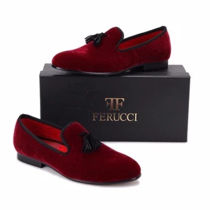 Men FERUCCI Burgundy Velvet Slippers Loafers Flat With Black Tassel Prom Wedding - Picture 1 of 5
