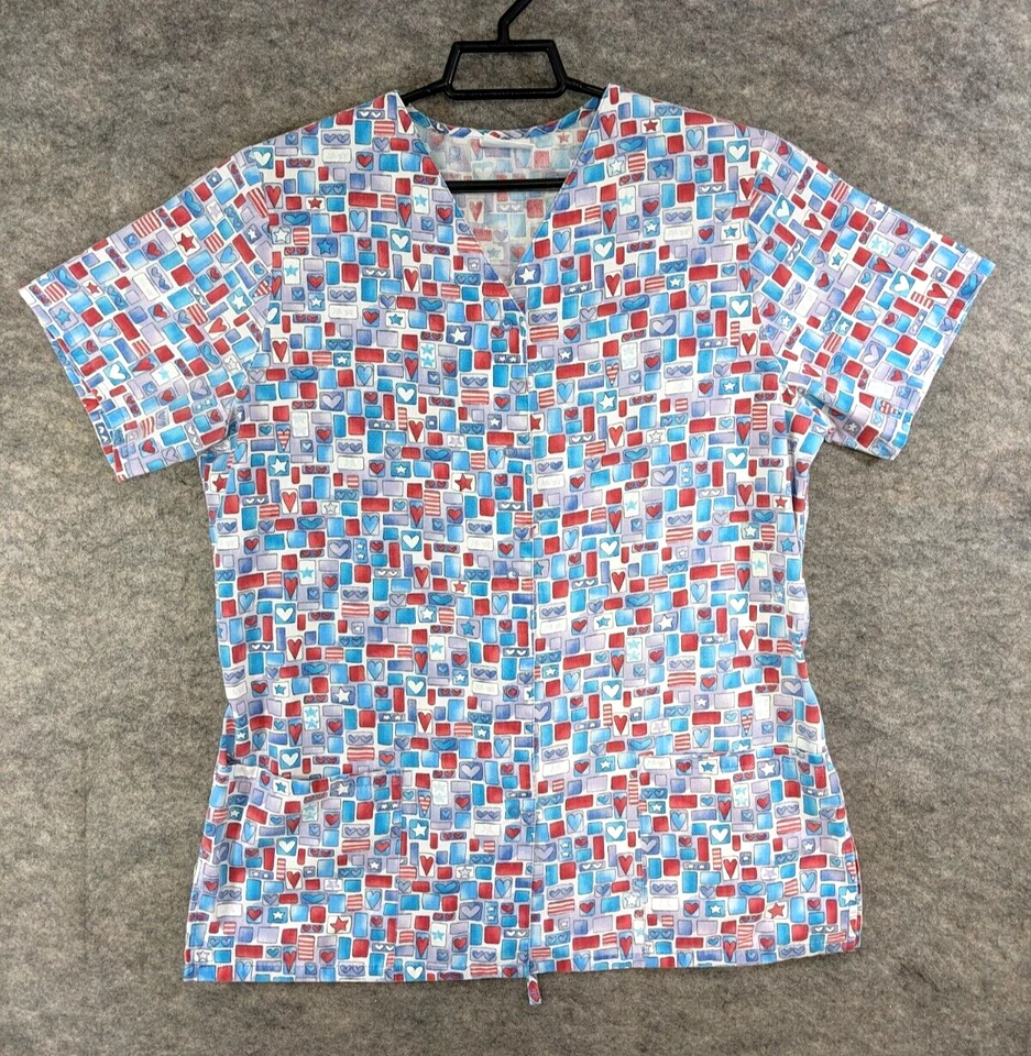 Simply Basic Scrub Top Women Small Blue Red White Hearts Stars Print Snap Front - Image 1 of 4