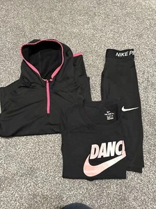 Nike Girls Running Set Dri-fit Hooded Base Layer Cropped Leggings & Tshirt XS - Picture 1 of 15