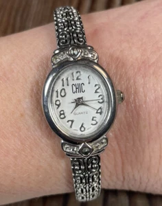 CHIC brand quartz ladies womens wrist watch stretch silver tone white face Japan - Picture 1 of 5