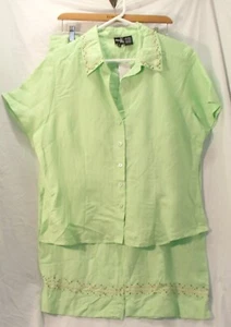 Dina K Lime Green Ramie/Viscose 2-Piece Shirt Top/Pants Outfit Summer Set XL - Picture 1 of 8