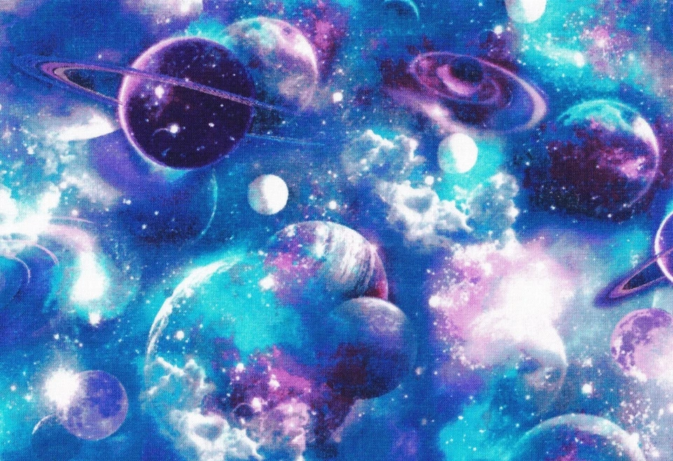 GALAXY OF PLANETS & STARS COTTON FABRIC ASTRONAUT SPACE QUILTING BACKING BORDER - Image 1 of 1
