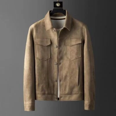 Men Faux Suede Leather Jacket Coat Button Trucker Tops Casual Classic Retro Coat - Image 1 of 4