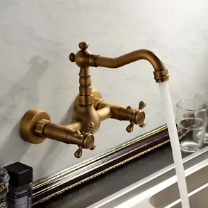 Antique Brass Bathroom Basin Faucet Dual Handles Wall Mounted Sink Mixer Tap - Picture 1 of 9
