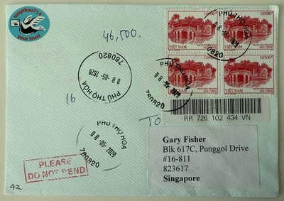 Vietnam 2020 Reg Cover to Spore cw Blk4 10500d Tiled Bridge Pagoda. Used - Image 1 of 3