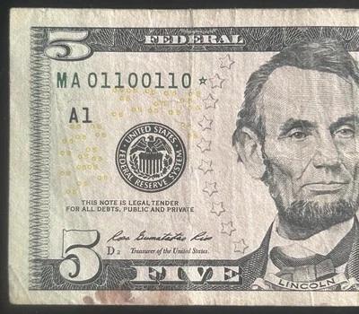 (TRUE BINARY RADAR REPEATER STAR NOTE!)$5 Binary Fancy Serial Number MA01100110* - Image 1 of 4