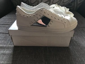 ladies white PU trainers with silver stripe and stud detailing uk 5  EU38 - Picture 1 of 6