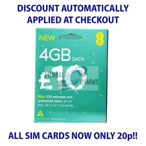 PAYG EE 10 £ PACK DE DONNÉES CARTE SIM 4 Go de données **maintenant seulement 20p** (RÉDUCTION APPLIQUÉE AUTOMATIQUEMENT) - Photo 1 sur 1