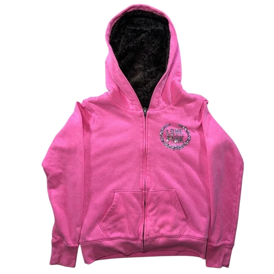 PINK Victoria Secret Full Zip Hoodie Jacket Faux Fur Lined Love Sequin Vintage - Image 1 of 4