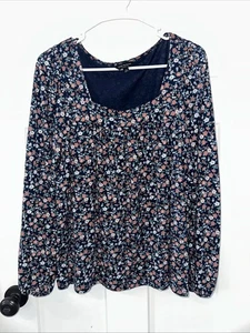 Top donna marca Lucky taglia grande maniche lunghe scollo quadrato blu floreale - Foto 1 di 7