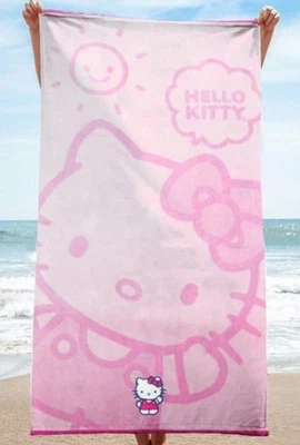 Toalla de Playa Hello Kitty Rosa 63" x 34" - Apliques Bordados 100% Algodón Nueva con Etiquetas Foto 1 de 3