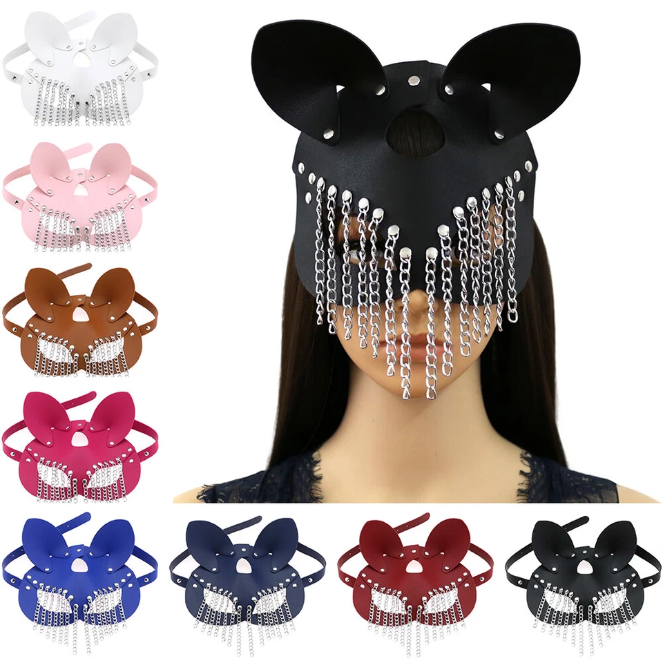 Allacki Leather Chain Tassels Bunny Eye Mask Punk BDSM Party Accessories - Image 1 of 4