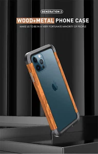 Funda parachoques de aluminio de madera y metal natural para iPhone XS XR 11 12 13 14 15 Pro Max - Imagen 1 de 25