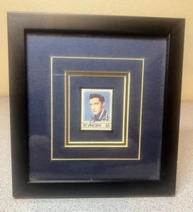 Framed Elvis Presley St. Vincent $5 Stamp - Black Desk Top Frame/Blue Mat (W-76) - Picture 1 of 4
