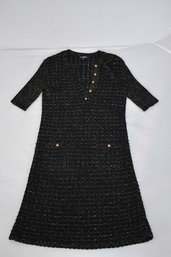 Abito Chanel Pre Autunno 2017 Parigi oro nero lavorato a maglia metallizzato EU34 UK6 8