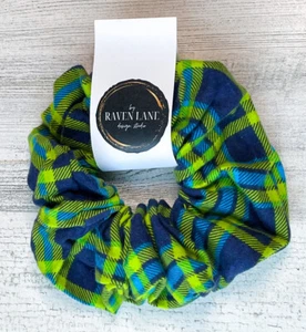 Blue & Green Flannel Scrunchie | Big Scrunchies Fashion Hair Ties Large Volume - Picture 1 of 4