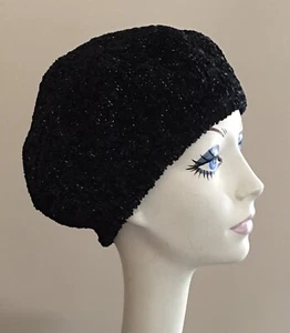 NWT LEMON BERET • Snood Hat BLACK w Silver CHENILLE Knit • Lined • Adjustable - Picture 1 of 3