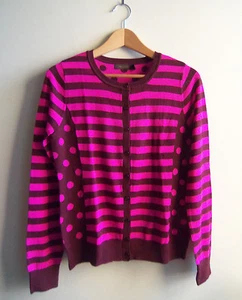 The Limited Stripes & Dots Wool Blend Cardigan Sweater Hot Pink/Burgundy, M, NWT - Picture 1 of 10