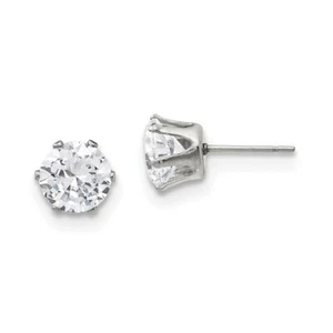 Stainless Steel Polished 8mm Round CZ Stud Post Earrings - Picture 1 of 3
