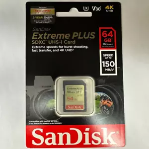 SanDisk 64GB Extreme Plus SDXC V30 U3 SD Card Read Speed up to 150MB/s 4K UHD - Picture 1 of 2
