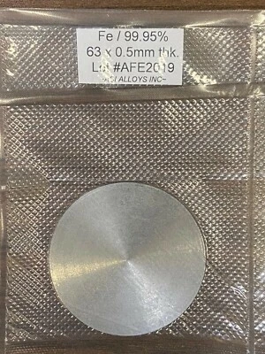 Iron SEM Sputter target: Fe 99.95% pure, 57mm diameter x 0.5mm thick - Image 1 of 2