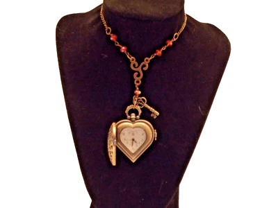 Locket Watch Necklace... Red Crystals / Wooden Box / Free Shipping - Image 1 of 4