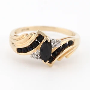 Fine 10k Black Sapphire Diamond Engagement Ring Solid Yellow Gold US Size 7 - Picture 1 of 8