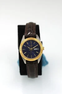 Sharp Women Watch Silver Gold Stainless St WR Brown Leather Day Date Blue Quartz - Picture 1 of 6