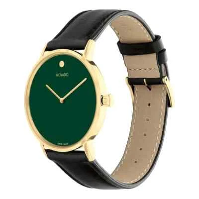 Reloj Movado Museum clásico esfera verde para hombre dorado delgado correa de cuero 0607837 Foto 1 de 3