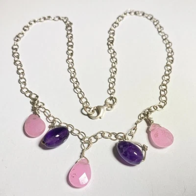 Collar colgante de cuarzo rosa amatista cadena esterlina 925 vintage con cuentas Foto 1 de 4