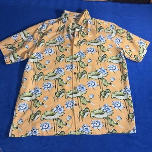 Camisa Island Republic Para Hombres Botón Amarillo Azul Floral L Seda Manga Corta Cuello - Imagen 1 de 5