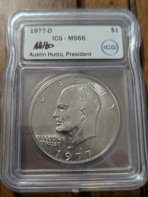 1977-D Eisenhower $1 MS66 ICG Autographed Graded Slab Denver Collectible Dollar! - Image 1 of 3